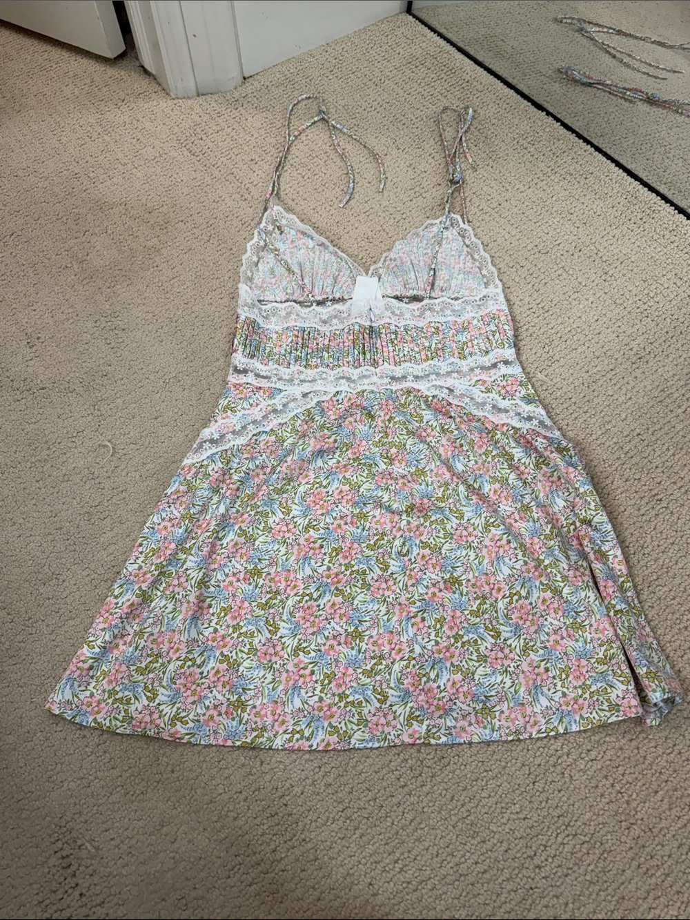 For Love And Lemons Floral Lace-Trim Mini Dress in Pink, White, Green - Picture 3 of 3